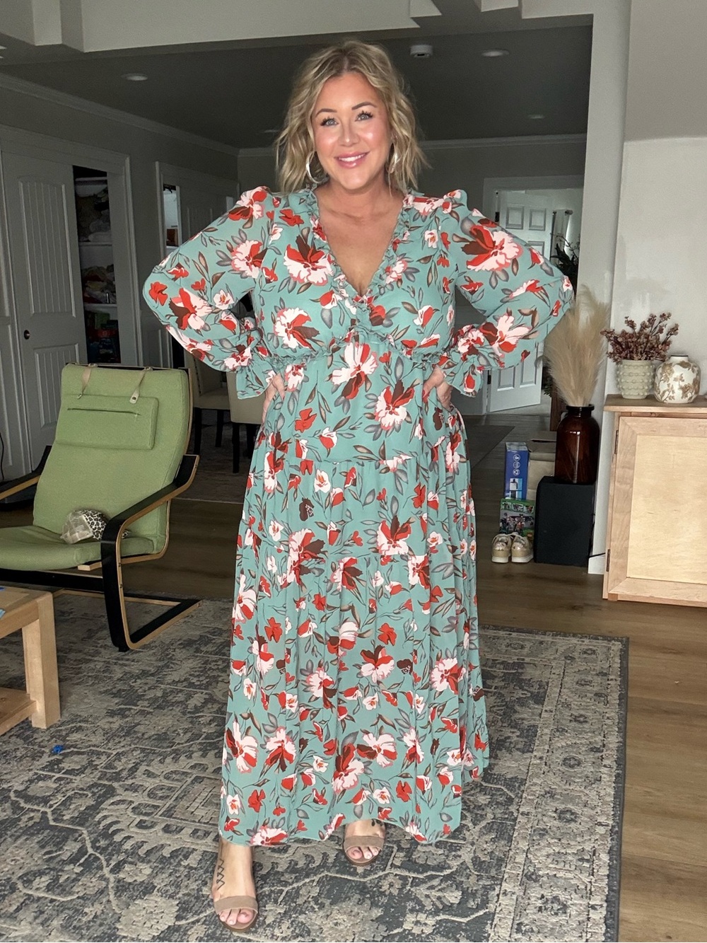 Floral V-Neck Maxi Dress in Sage Green